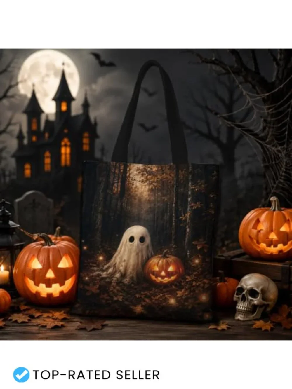 Halloween Ghost Tote Bag Women 15x15.4 Cotton Blend Foldable Shoulder Strap